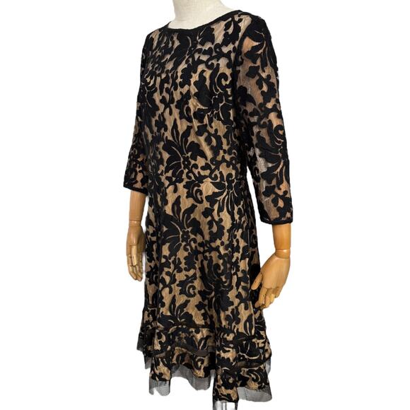 Tadashi Shoji Size 10 A-Line Midi Dress Black Corded Embroidery Tulle Overlay - Picture 4 of 10